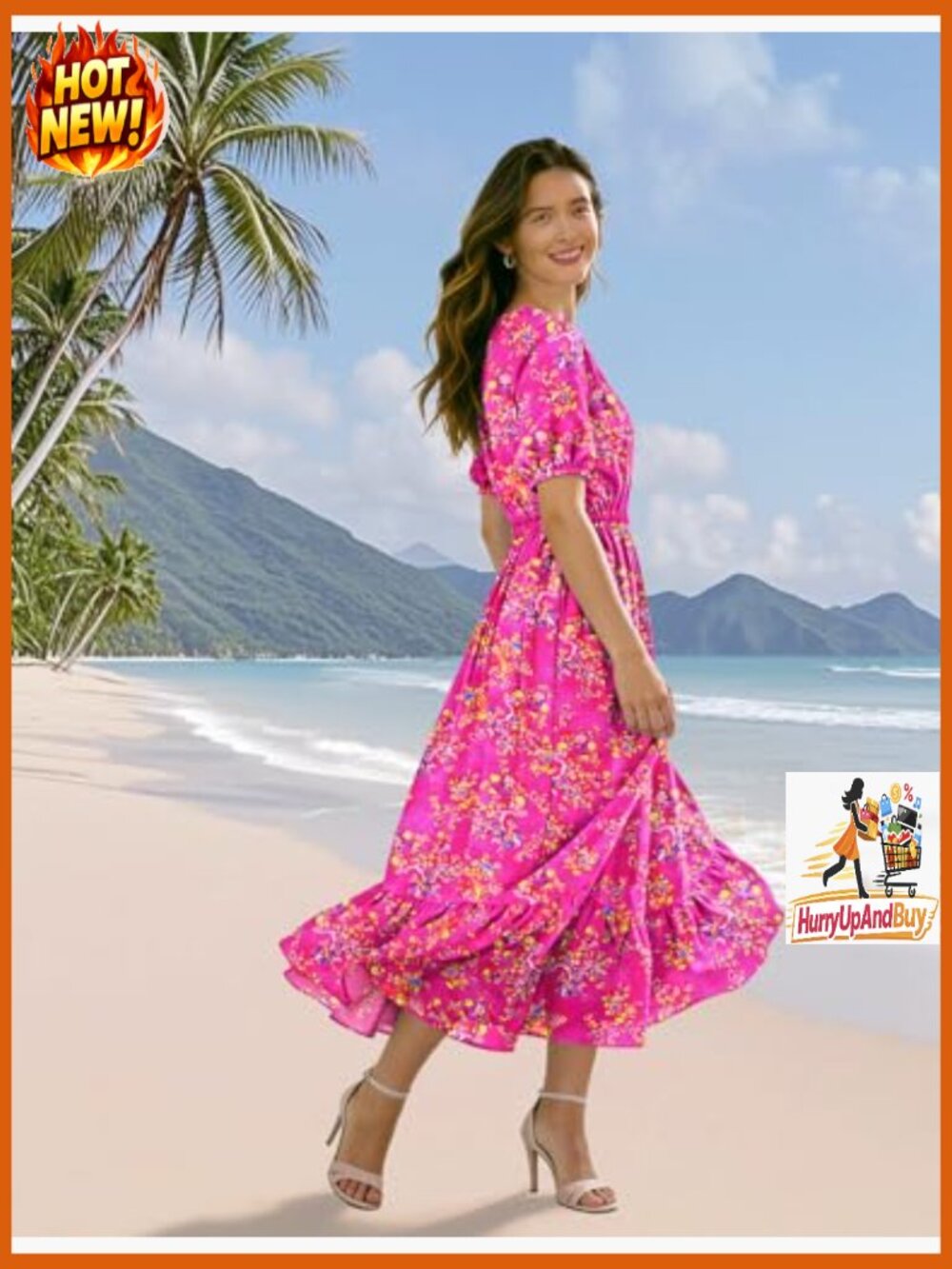 Boho Maxi Dress with Puff Sleeves Drawstring Waist Pockets Summer Casual - Picture 5 of 7